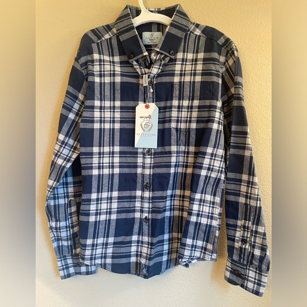 Class Club boys plaid button down dress shirt size 10/12 blue
